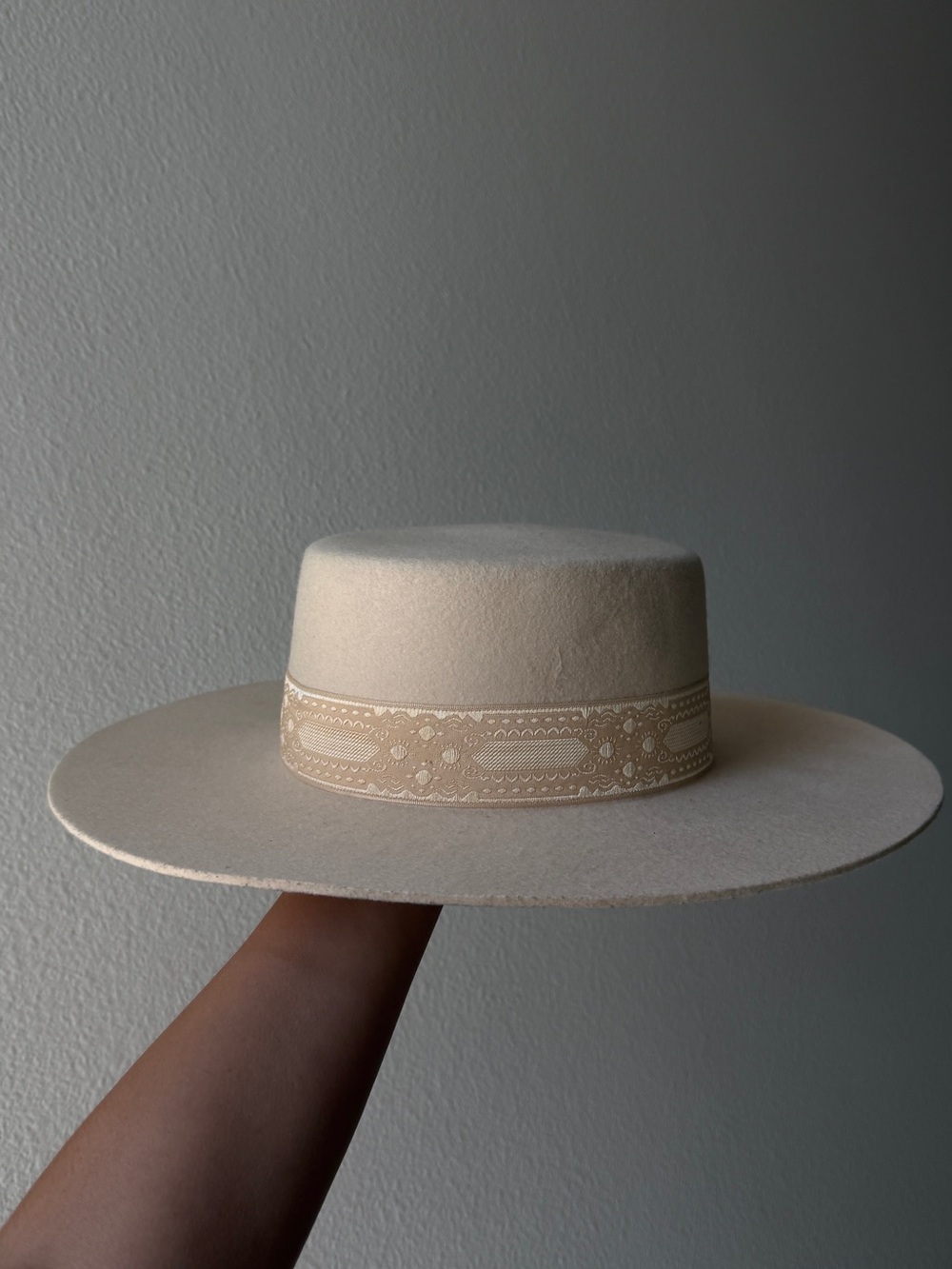 Lack Of Color Cream Wide-Brim Felt Boater with Patterned Band